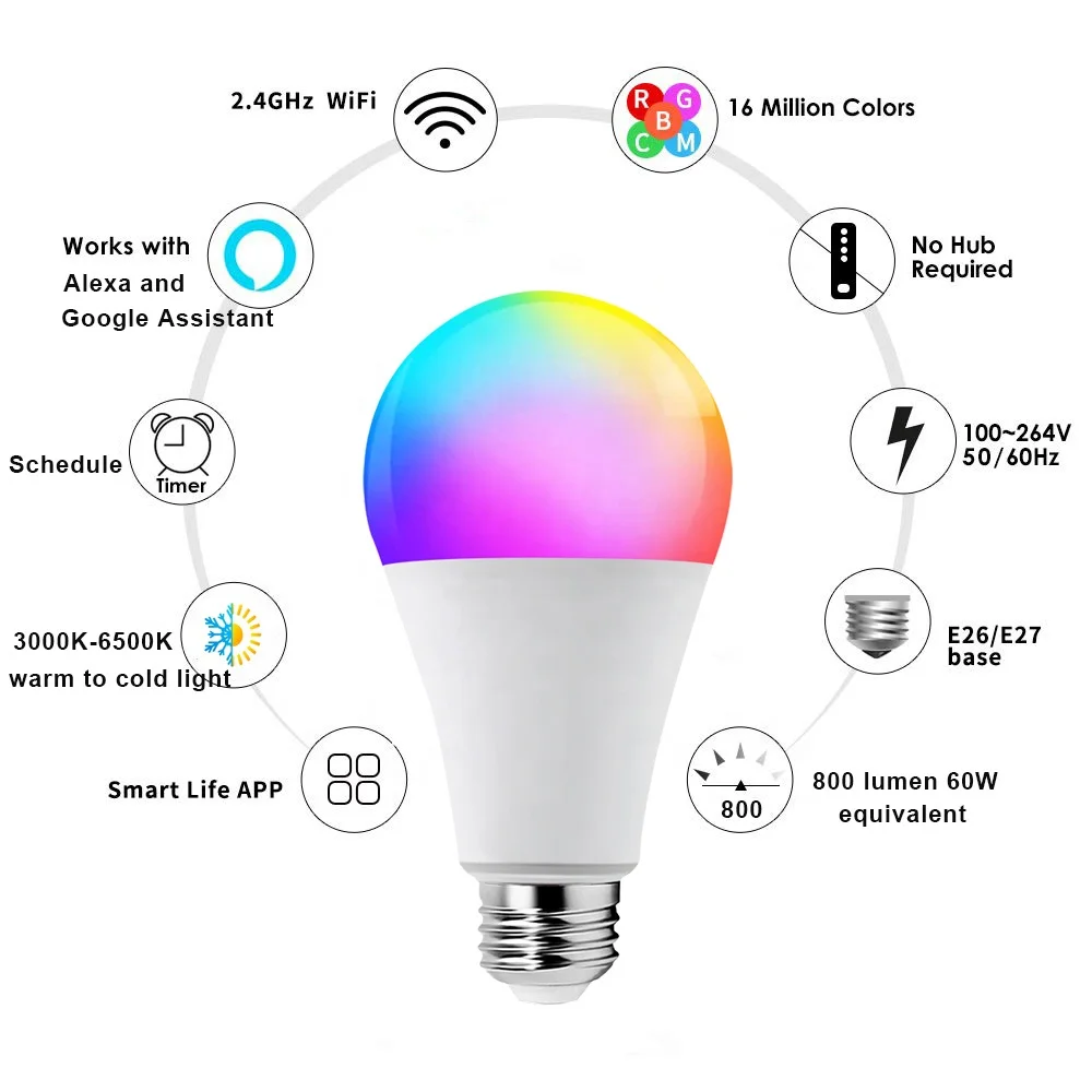 Прямая продажа с завода умная Светодиодная лампа Wi-Fi RGBW/WW совместимая Alexa и Google Assistant