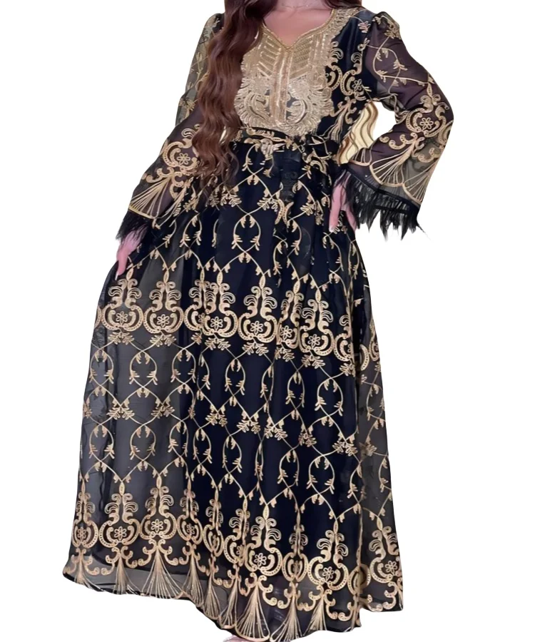 Arab new embroidered applique dress with belt party dinner Muslim robe embroidered abaya for women