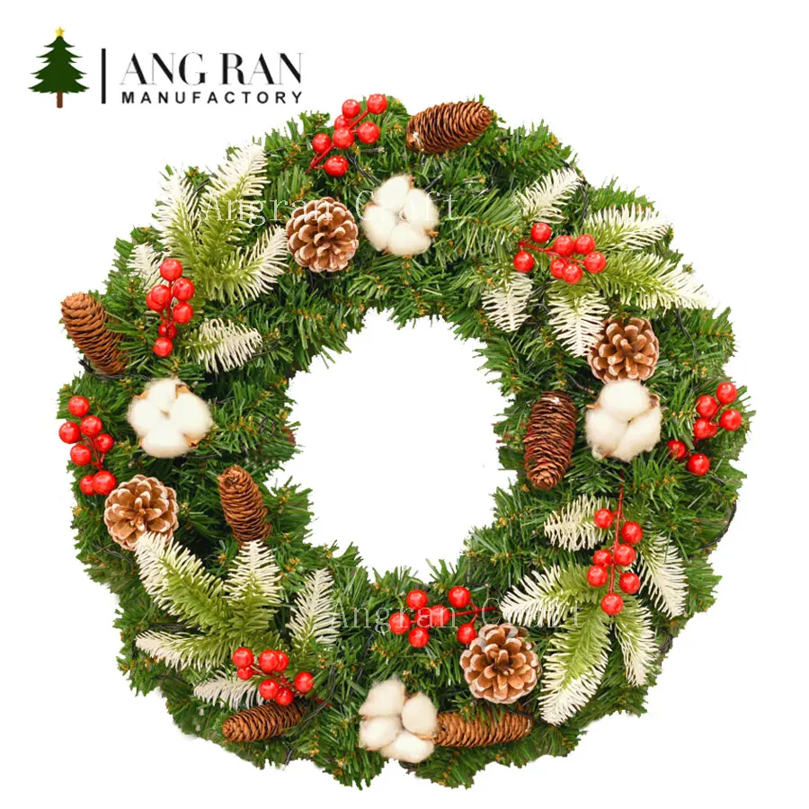 2022 New Beautiful Golden Warm LED Christmas Wreath Artificial Natural Pine Ball Wreath