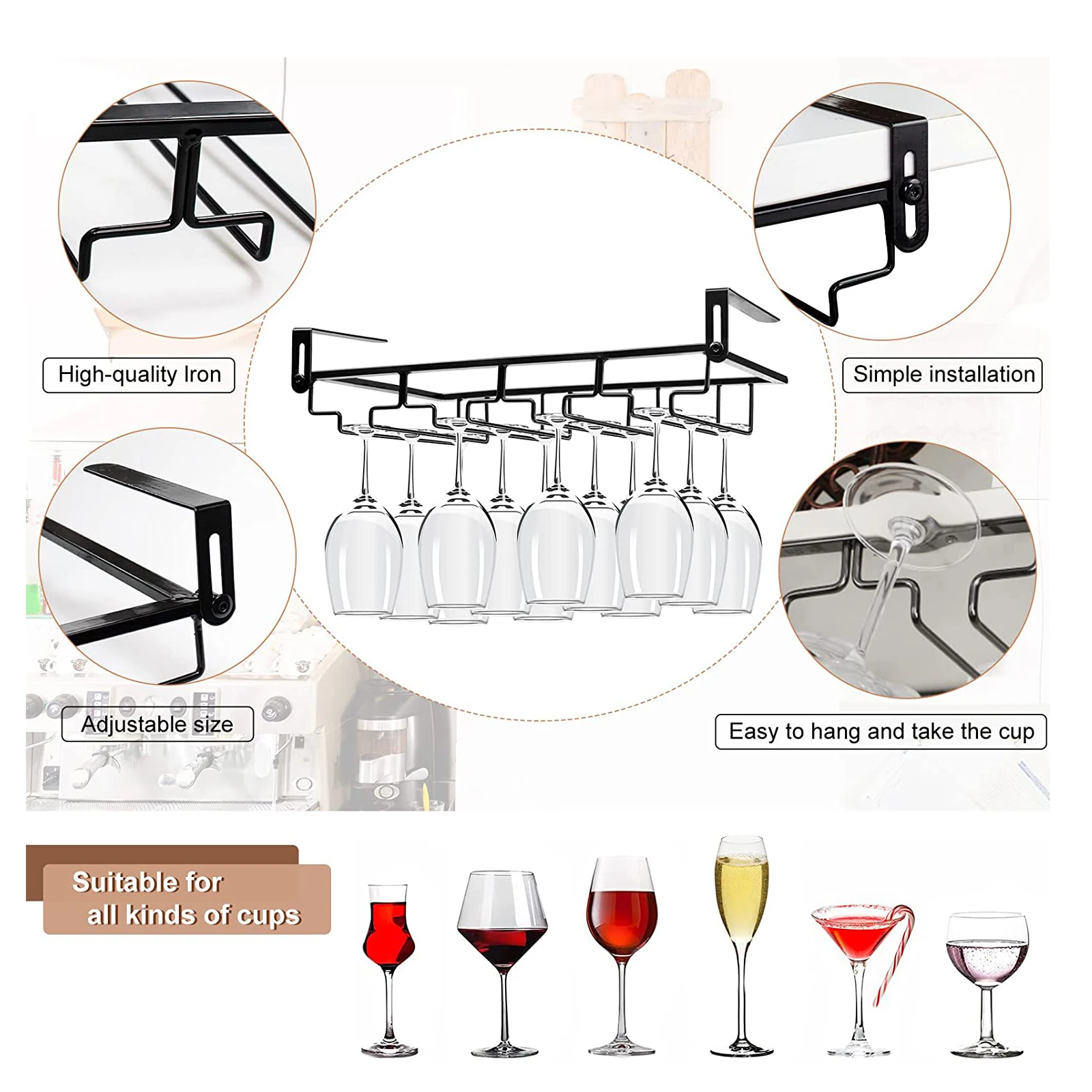 Punch-Free 4 Rows Stemware Wine Glass Metal Holder Adjustable Wine Glass Rack Under Cabinet