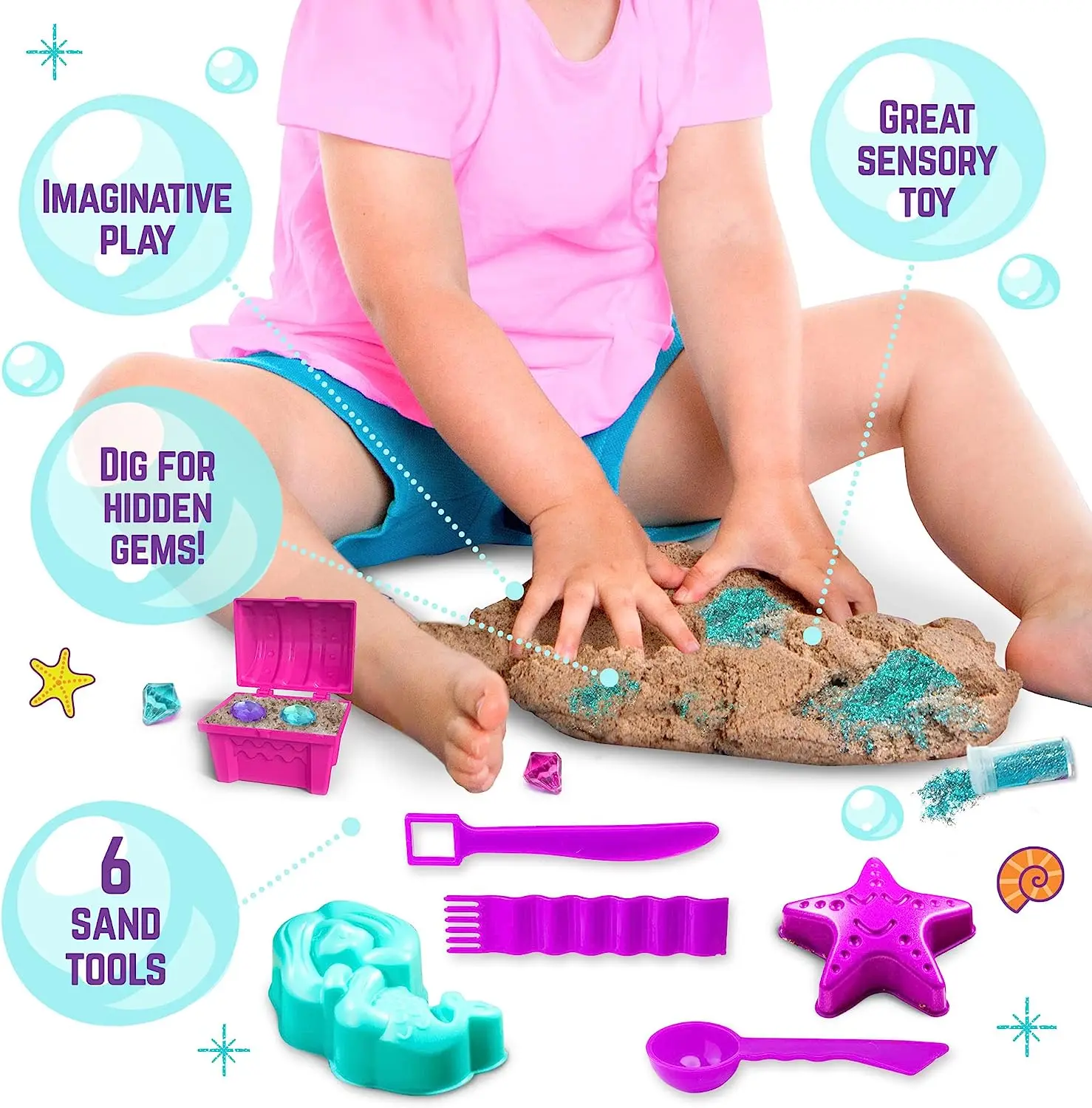 Mermaid Sensory Sand Kit, 2lbs Moldable Play Sand for Kids Aged 3+, Magic Sand with Gems, Tools & Portable Treasure Chest