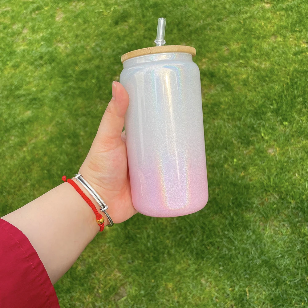 Bling Lid rainbow shimmer gradient glitter glass beer Can 16oz Sublimation Soda Can Shaped Glass with Bamboo Lid and PP Straw