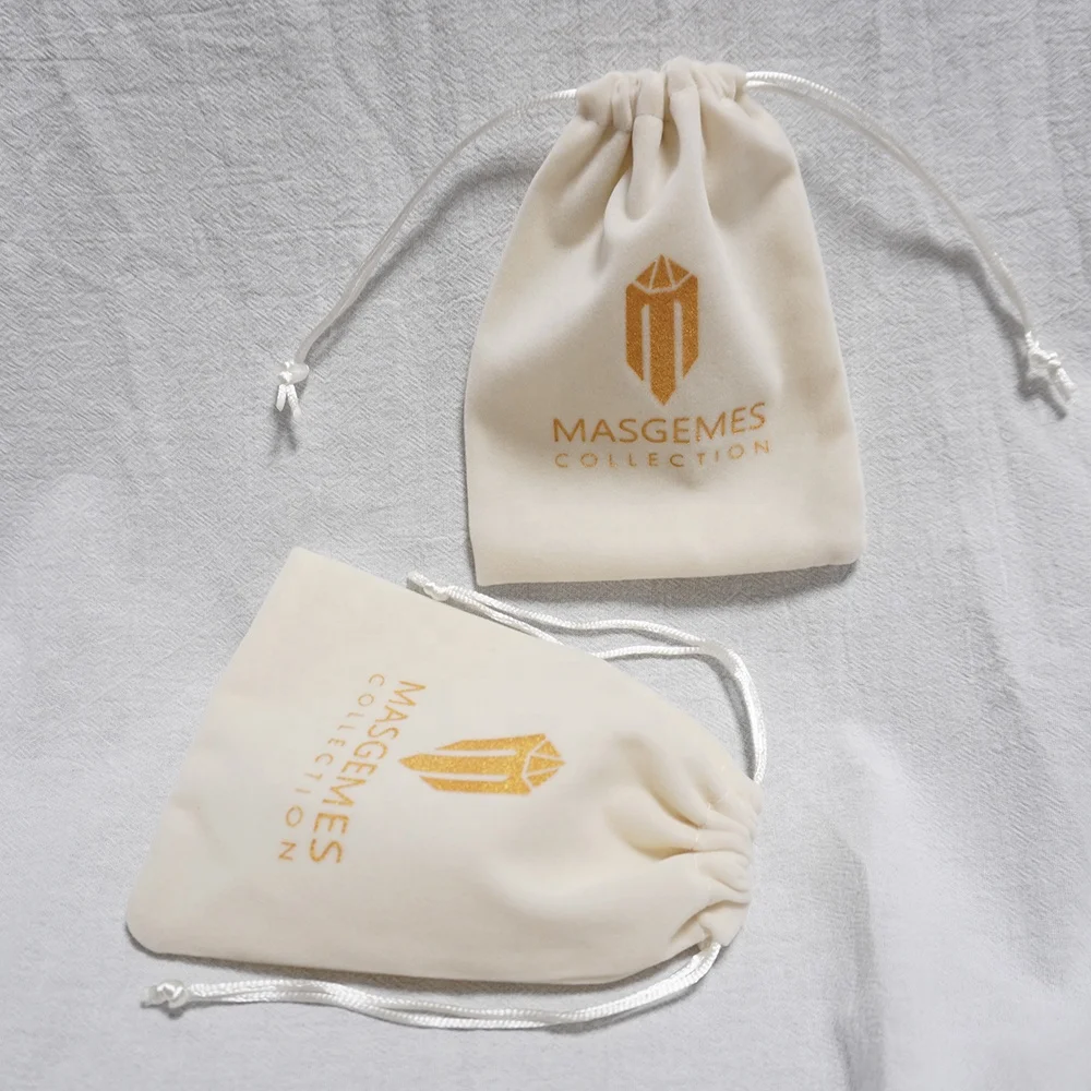 Custom  gold Logo slide White Beige Watch packaging bags Perfume Velvet Jewelry Drawstring Pouch Bag