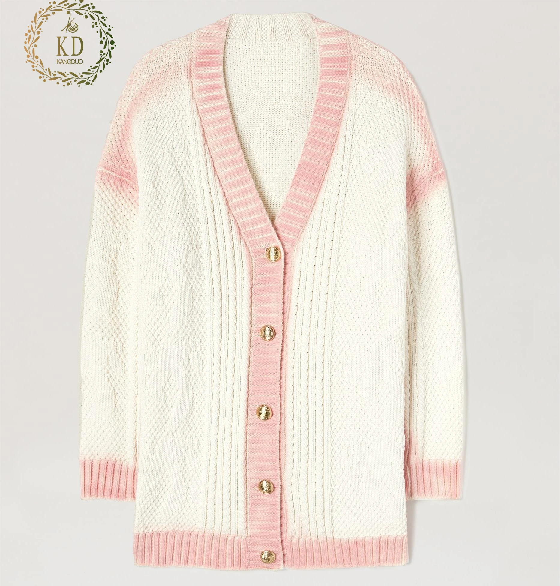 KD Knit Manufacturer Custom Designer Pattern Drop Shoulder Oversize Cable Spray Paint Neon Pink Sweater Cardigan