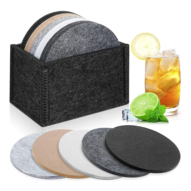 wholesale round wool felt drink coaster set felt tea cup mat with holder