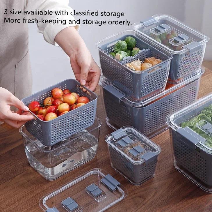 Fridge Organizer Container Set Keep Vegetables Fresh, Three Sizes Container Plastic Food Box Pantry Storage Organizer with Lid