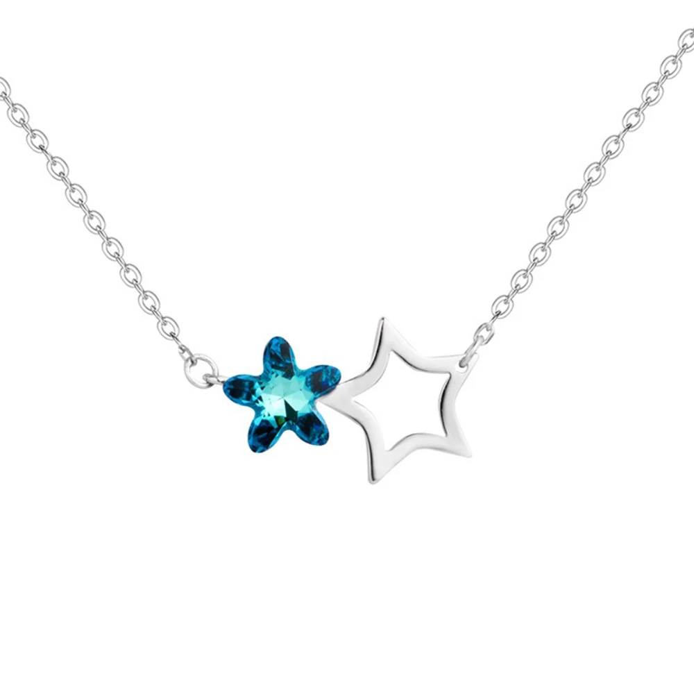 Artificial Blue Zircon 925 Sterling Silver Double Five-Pointed Star  Clavicle Chain Simple Zircon Star Shape Silver Necklace