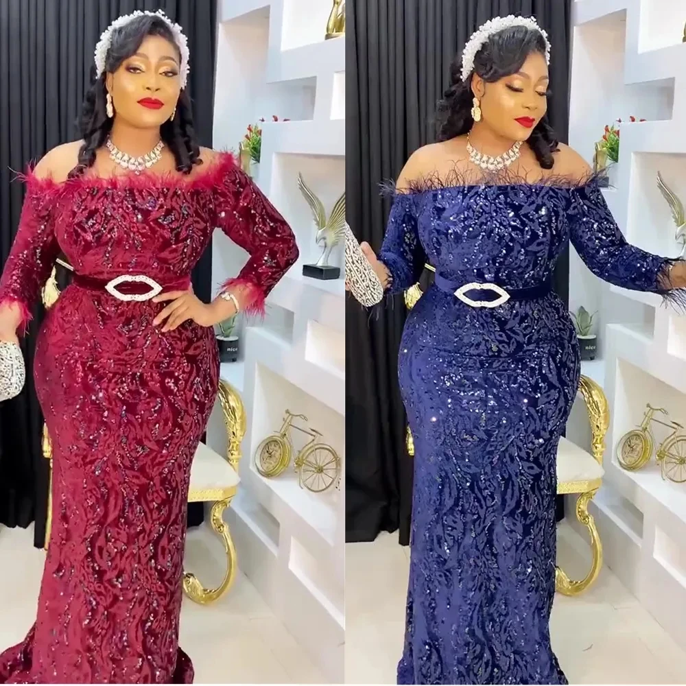 Plus Size Turkey African Party Dresses for Women 2023 New Off Shoulder Luxury Sequin Wedding Evening Gown Elegant Christmas Robe