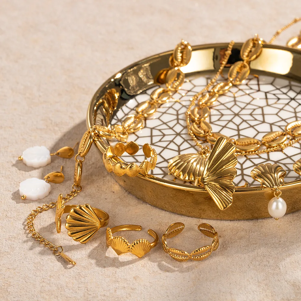 Unique earrings 18K Gold Plated Stainless Steel Texture Scallop Shell Shape Necklace And Earring Set Ocean series