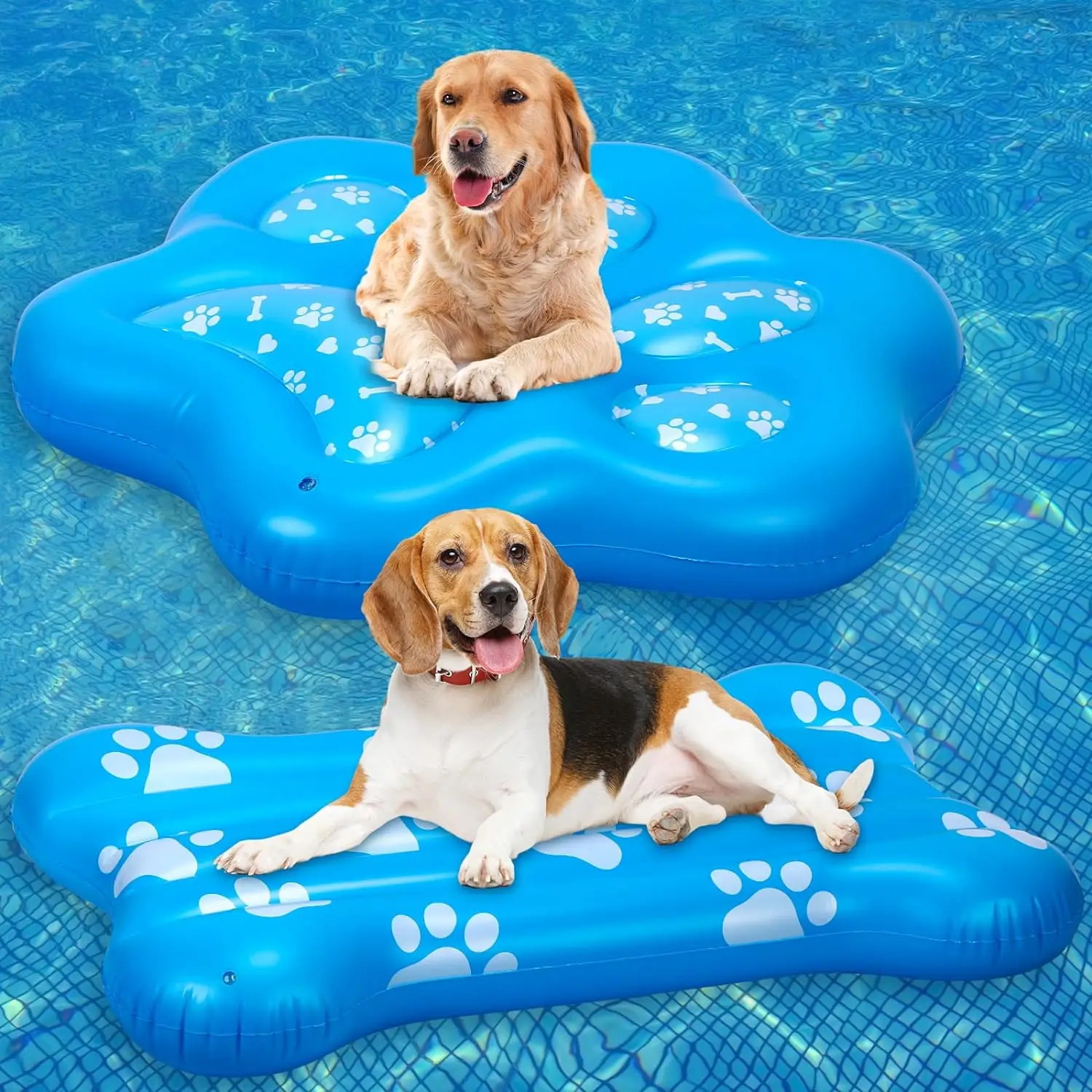 2PCS Inflatable Dog Floating Raft for Summer Pool Durable and Foldable Pet Pool Rafts Ride-on with Footprint and Bone Patterns