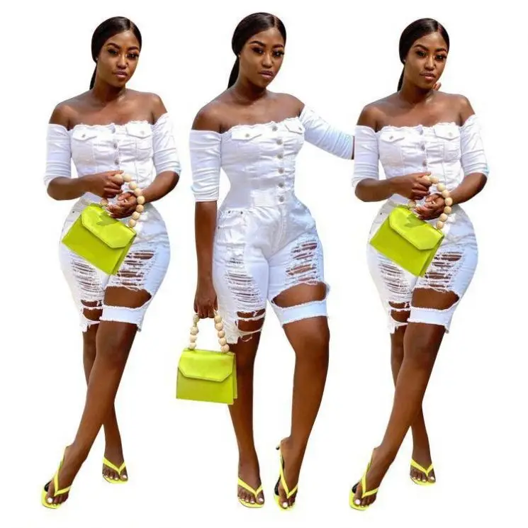 
04088NB Summer 2020 ladies wholesale custom hole jean jump suit basic bodysuits women denim one piece jumpsuits and rompers 