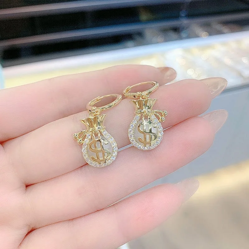 Creative Dollar Purse Pattern Rhinestone Decor Money Bag Drop Earrings For Girls Luxury Crystal Earrings Decoration Jewelry