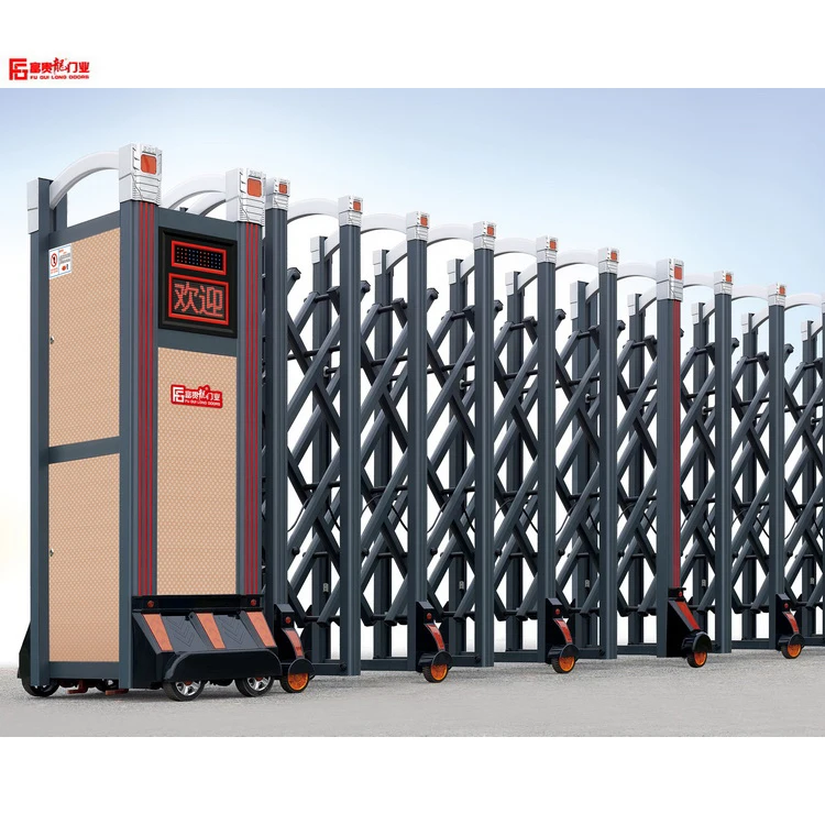 
New design aluminum retractable gate decorative aluminum gates automatic folding gate with LED screen gray folding door 