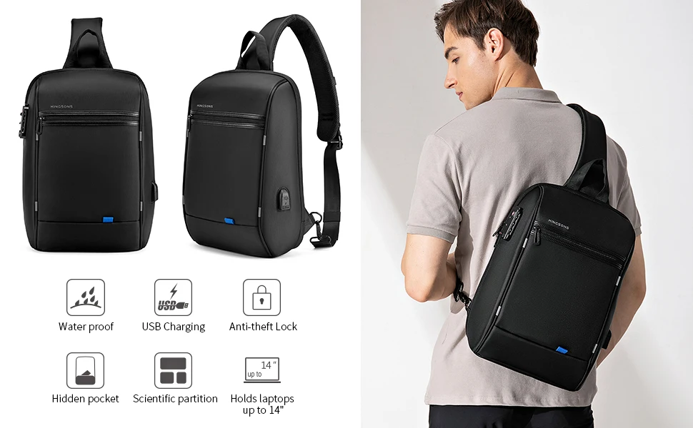 Kingsons Anti-Theft Backpack 13.3 Inch Large Capacity Waterproof Sling Shoulder Bag Chest Bag With TSA lock
