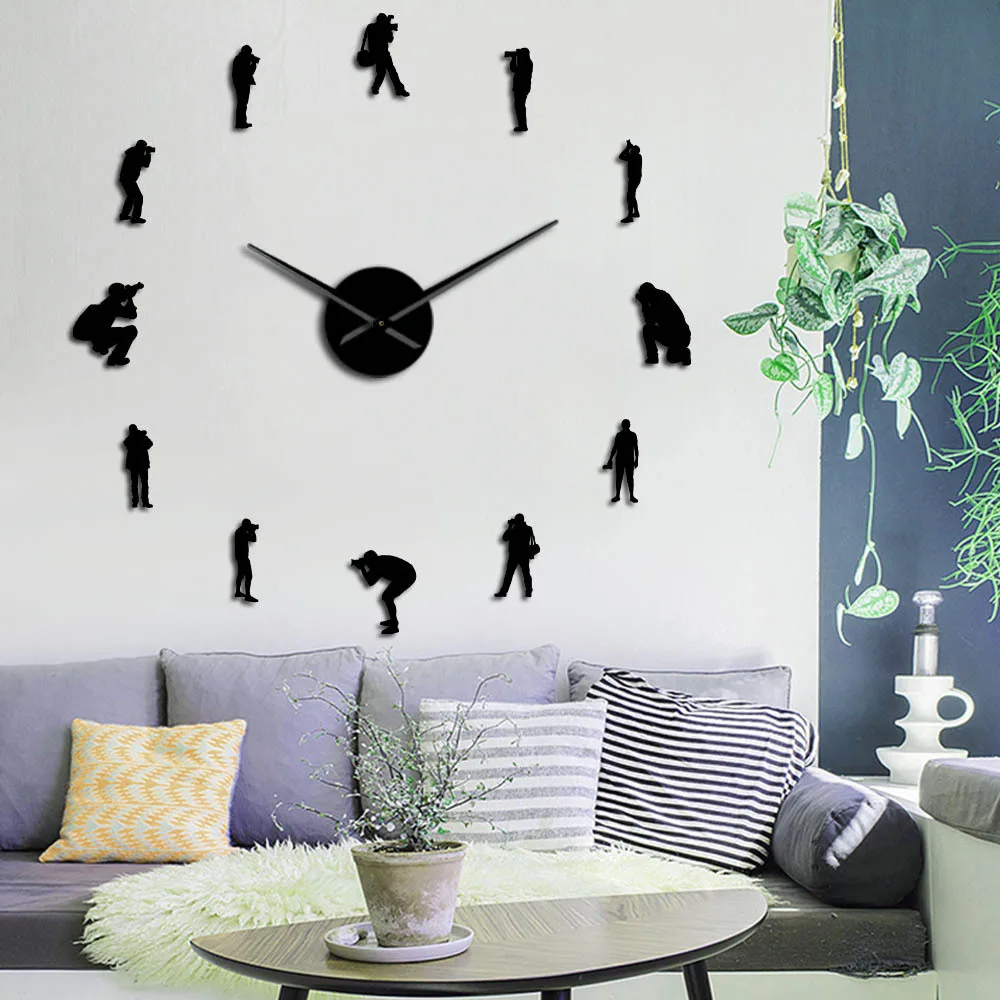 Photographers Modern Big Wall Clock Cameraman Photo Studio Room Decor Diy Acrylic Mirror Sticker Wall Watch Photography Gift