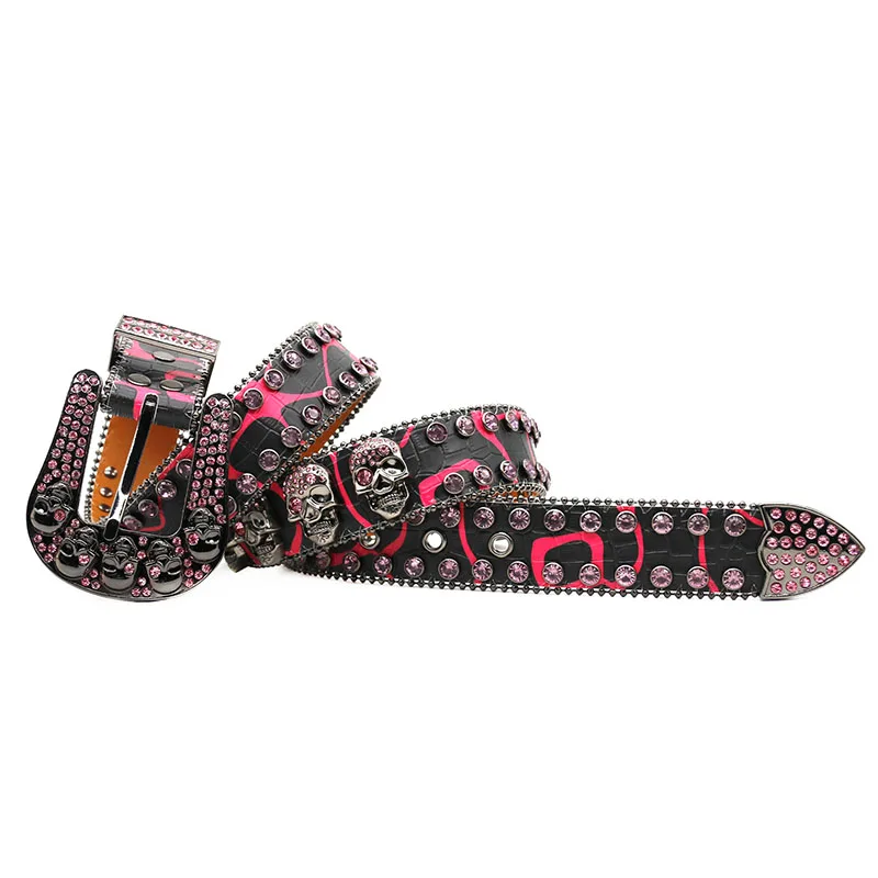 Original Design Colorful Rhinestone Ladies Skull Inlaid Alligator Pu Leather Western Belts for Men