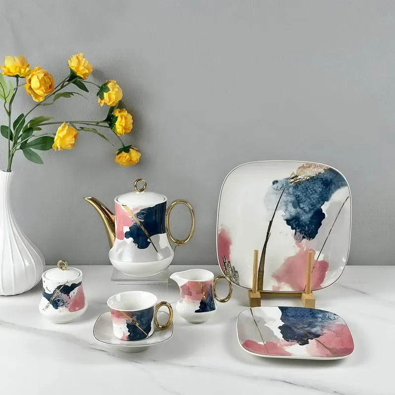 Luxury White Blue Pink Color Design 24PCS  Restaurant Tableware  Gold Plate Porcelain Dinner Set Dishes