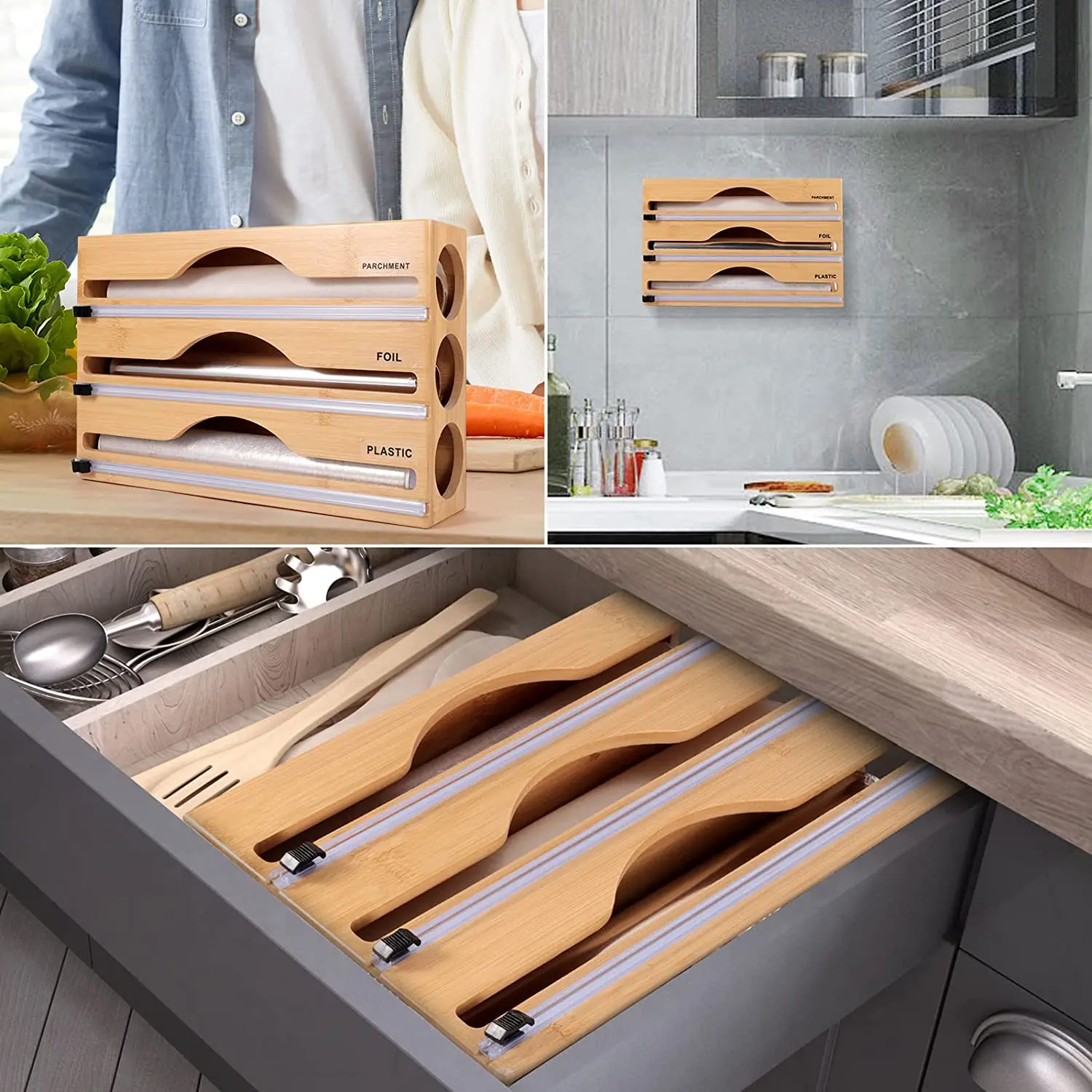 New popular 3 in 1 Foil and Plastic Wrap Organizer Durable Bamboo Plastic Wrap Dispenser Multipurpose Cling Film Storage Box