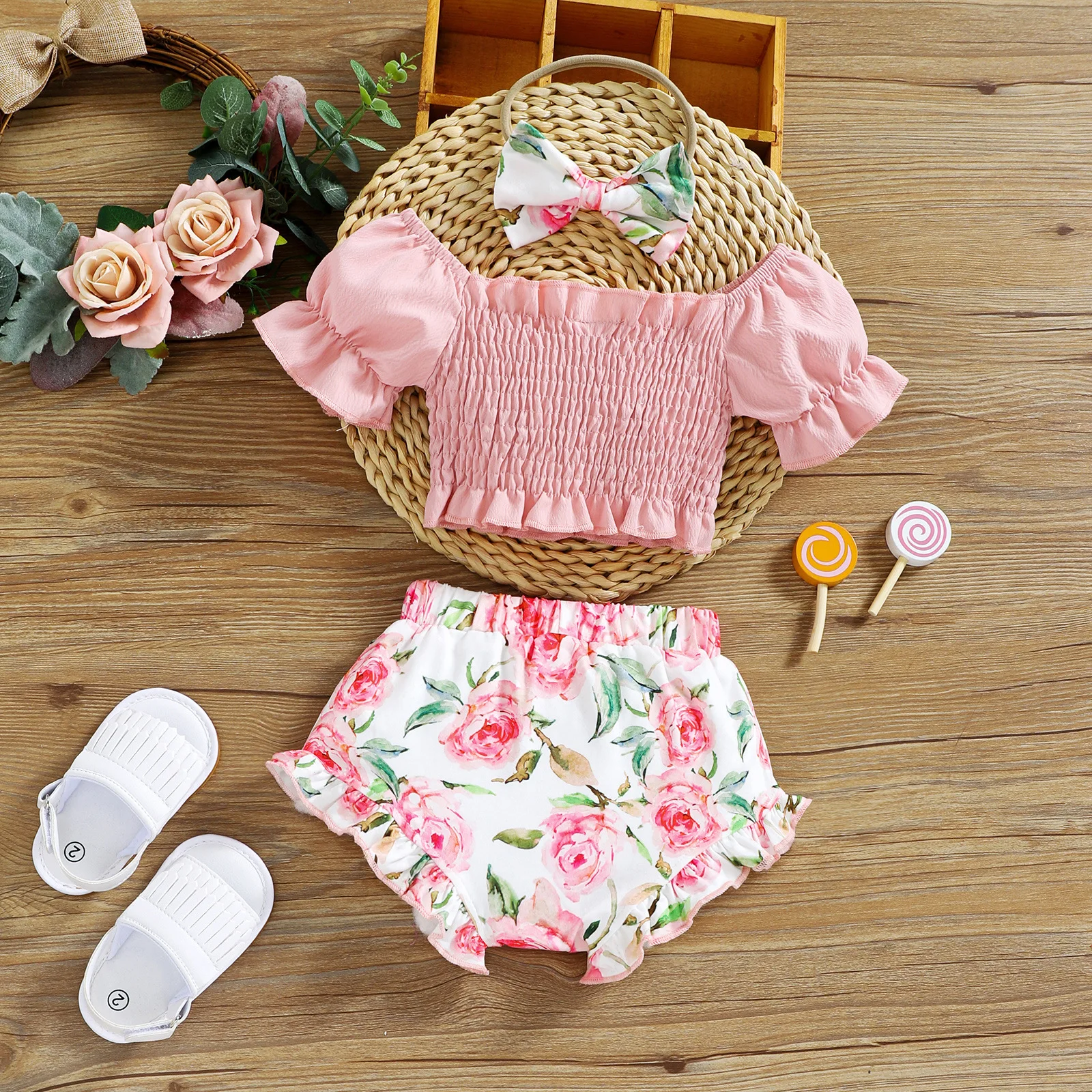 Summer Kids Girl Clothing Set For 3-4 Years Bubble Sleeve Shirts Shorts Sets Letter Printed Knit Puff Sleeve Shirts+Shorts