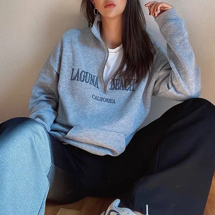 vintage grey cotton pullover logo print long sleeve half zip crewneck embroidered oversized sweatshirt women