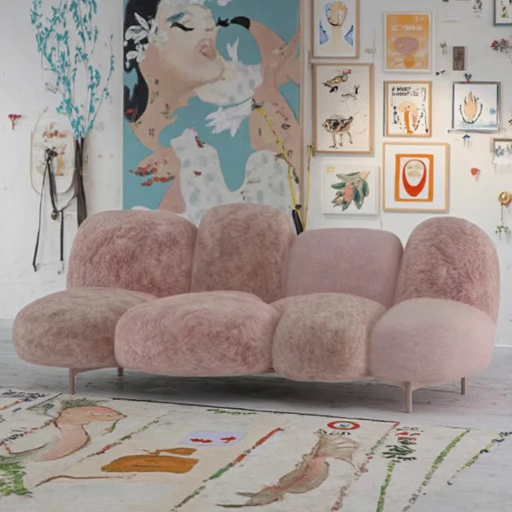 Modern Nordic Style Three-Seater Reclining Sofa Set Pink White Simulated wool sofa or Living Room or Balcony Lazy Leisure