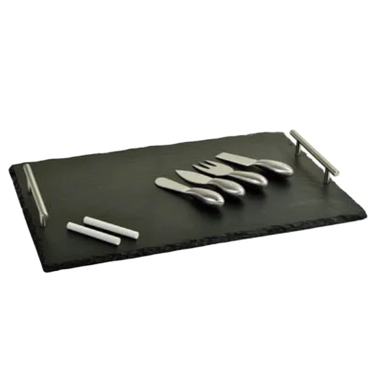 Natural Stone Kitchen Dinner Food Plates Cheese Cutting Board China Goods Wholesale Round Serving High Quality Black Slate Dish