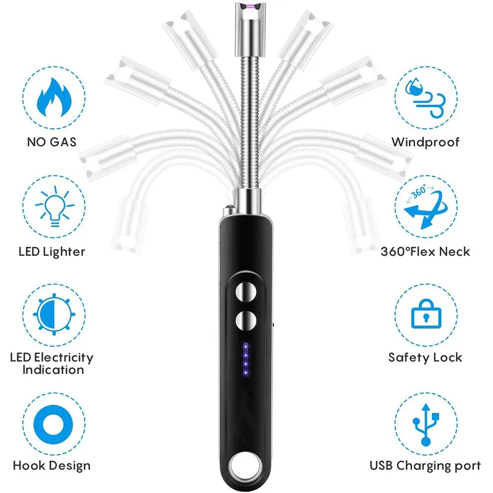 Kitchen Electric Candle Lighter Single  Arc Windproof Lighters Without Gas Rechargeable Lighter with Flashlight Igniter