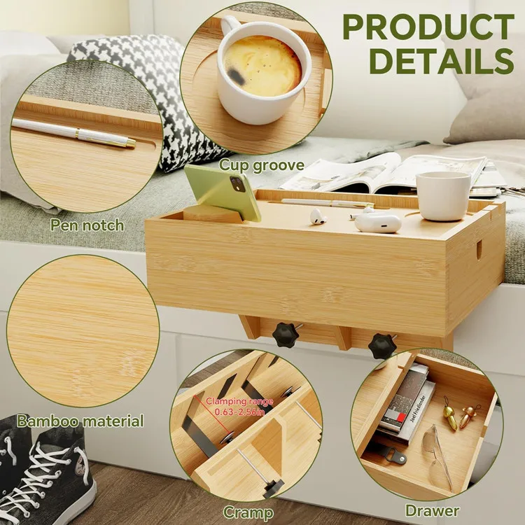 Custom Single Bed Side Table Floating Nightstand Organizer Storage Adjustable Bamboo Bedside Shelf For Bed Top Bunk