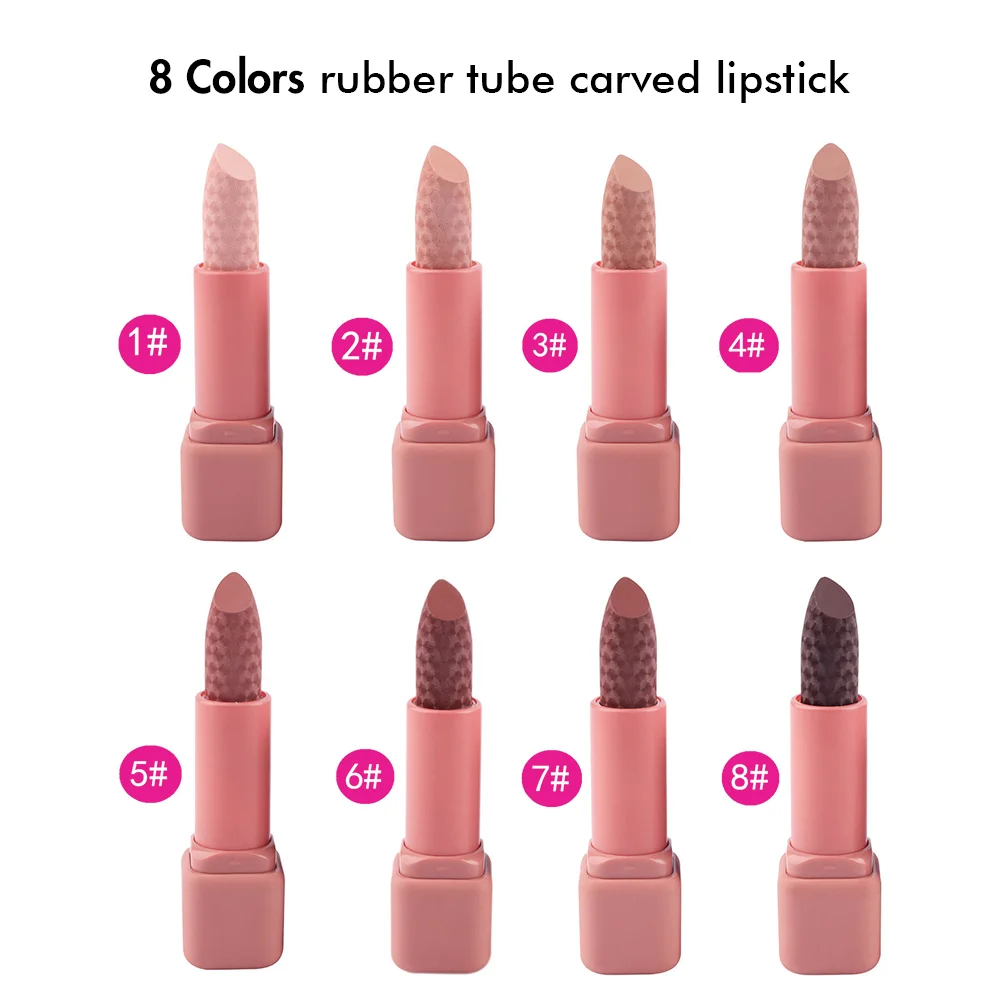 popular hot sale 8 colors rubber tube high pigment carved cute pink waterproof long lasting Korea makeup nude lipstick