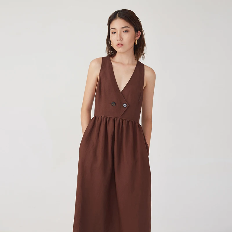 2021 stylish sexy sundress brown sleeveless button sling casual long maxi dress sun dresses for women