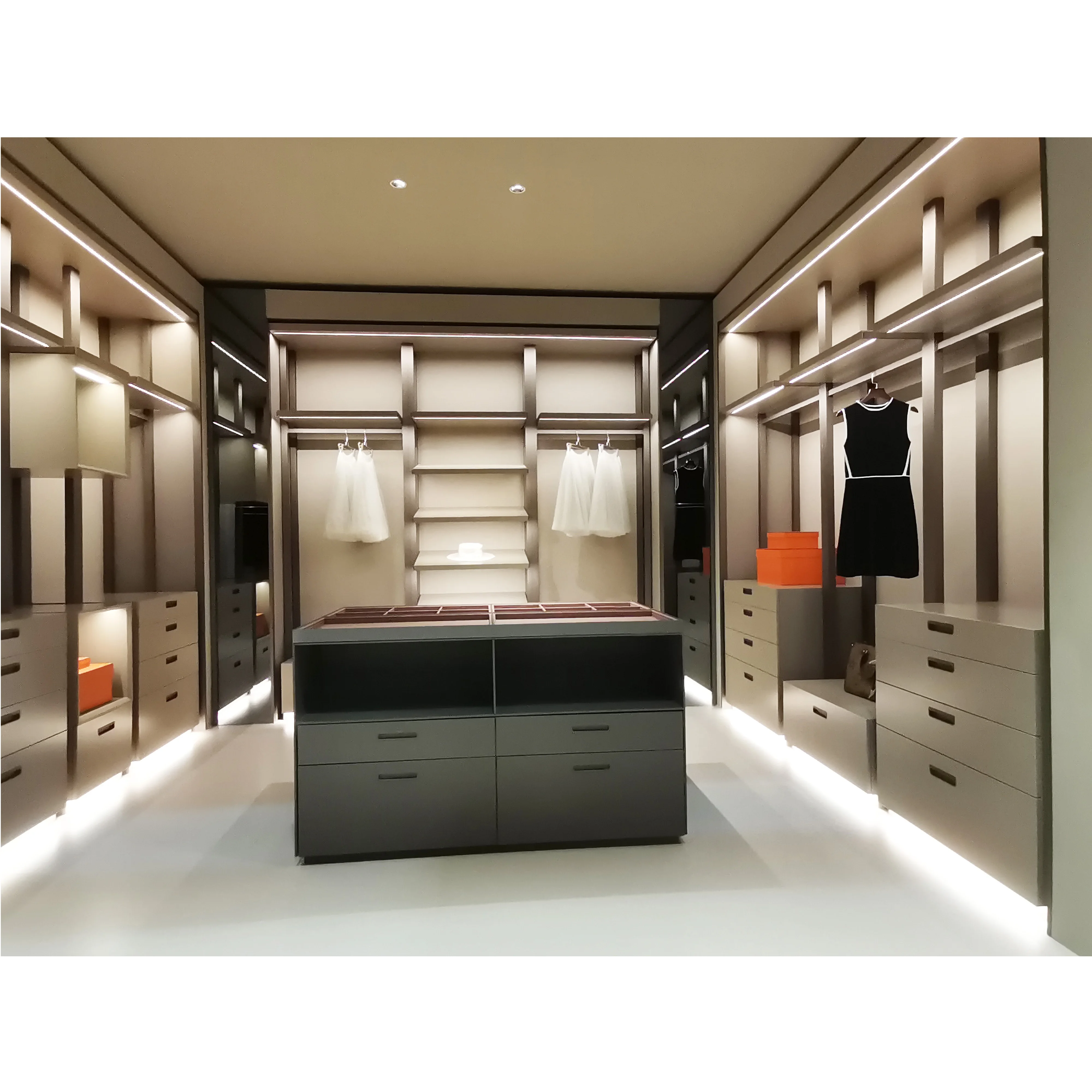 Custom design villa furniture walk-in closet modern luxury transparent glass door wooden bedroom wardrobe