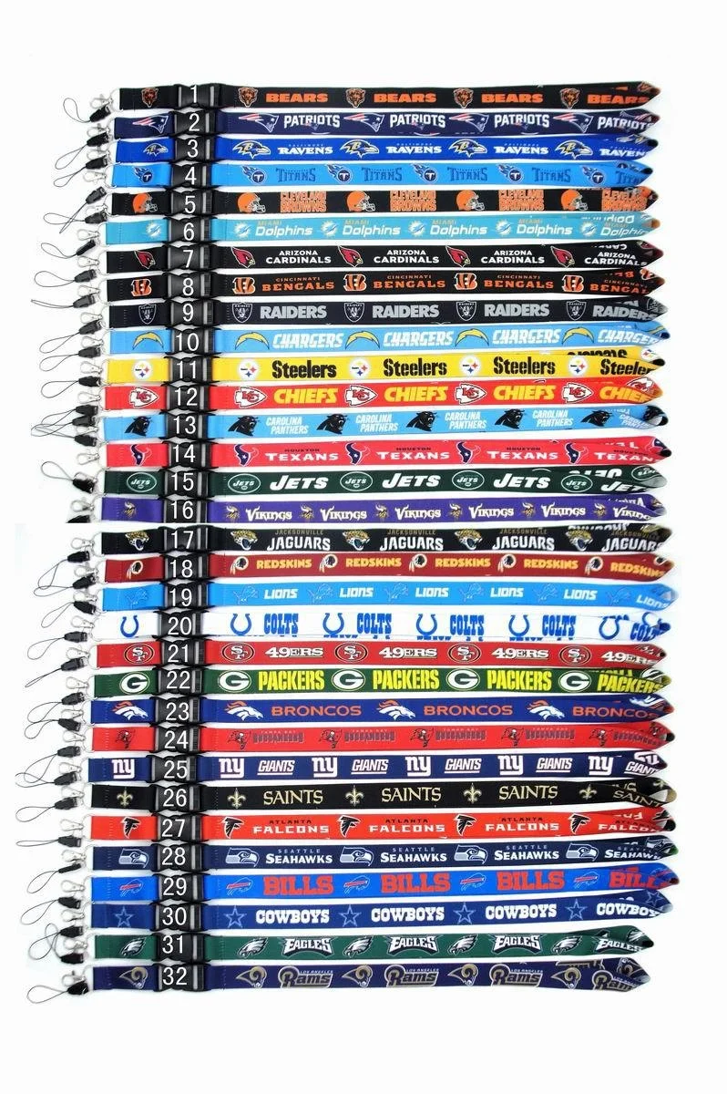 Wholesale Supplies 32 Team NFL Polyester Lanyard Custom Logo Printing Anime Neck Strap Phone Lanyard with ID Card Badge Holder