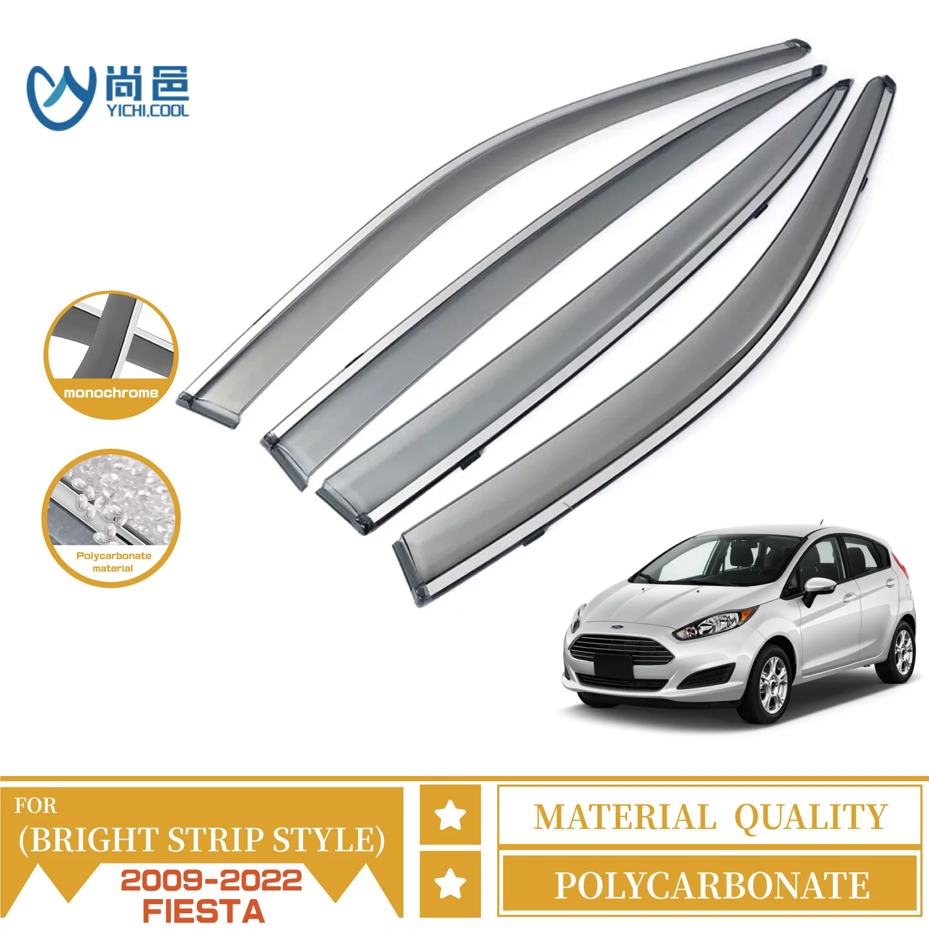 Hot Sale Car Exterior Accessories Bright Strip Style Vent Sun Shade Rain Guard Weather Shields For Ford Fiesta Side Window Visor