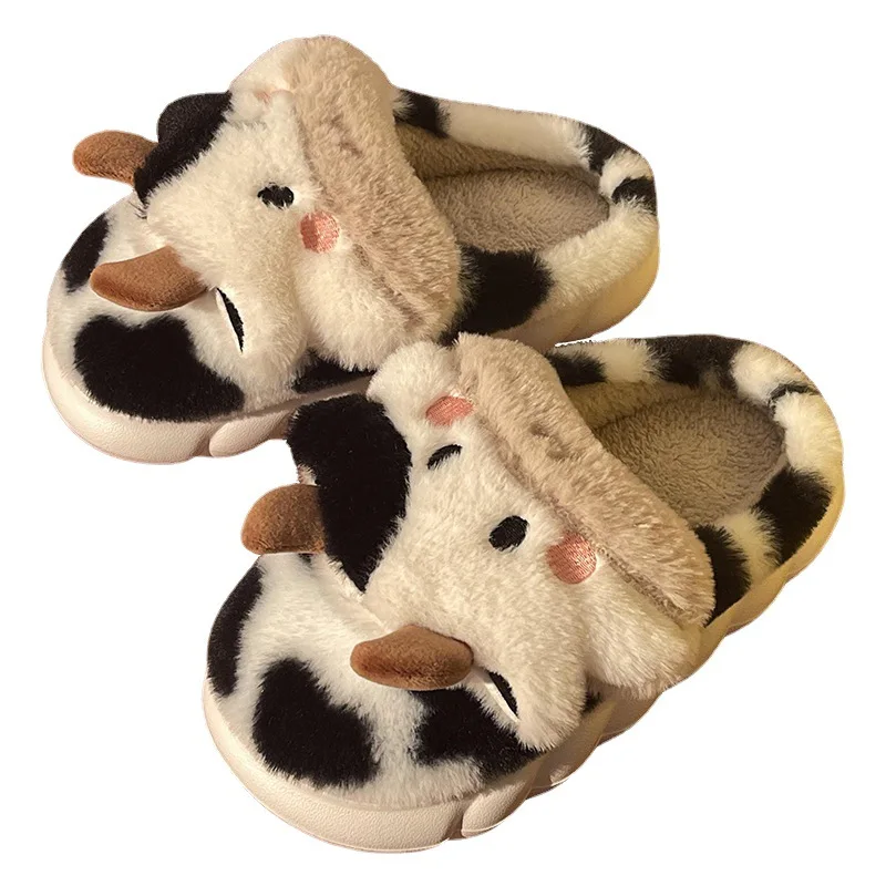 Wholesale Anti Slip Kids Cartoon Stuffed Cozy Cotton Cow Plush Indoor Animal Slippers