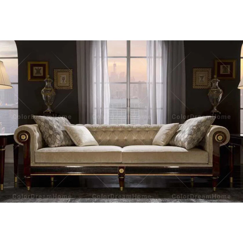Home Furniture Royal Luxury Wooden Living Room Sets Velvet Sectional Sofa