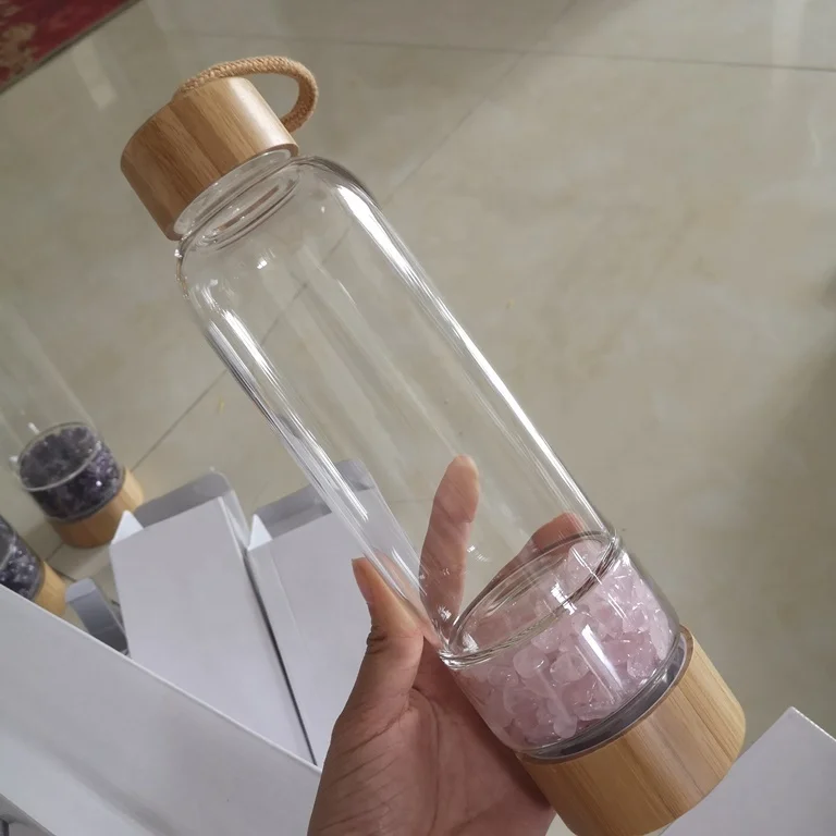 Wholesale Natural Crystal Energy Water Bottle Infused Gemstone Glass Bamboo Crystal Bottle