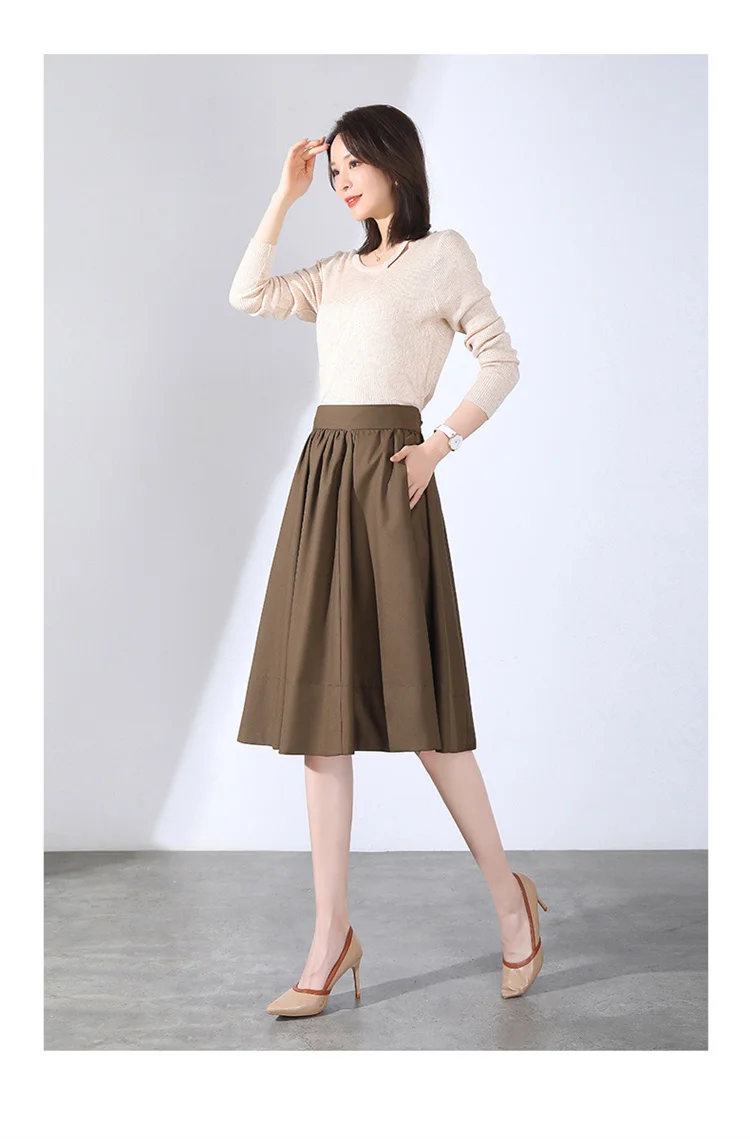 Fashion High Waist Pleated Skirt Women Korean Elegant College Style Midi Skirt A-line Fashion All-match Chic Midi Skirts