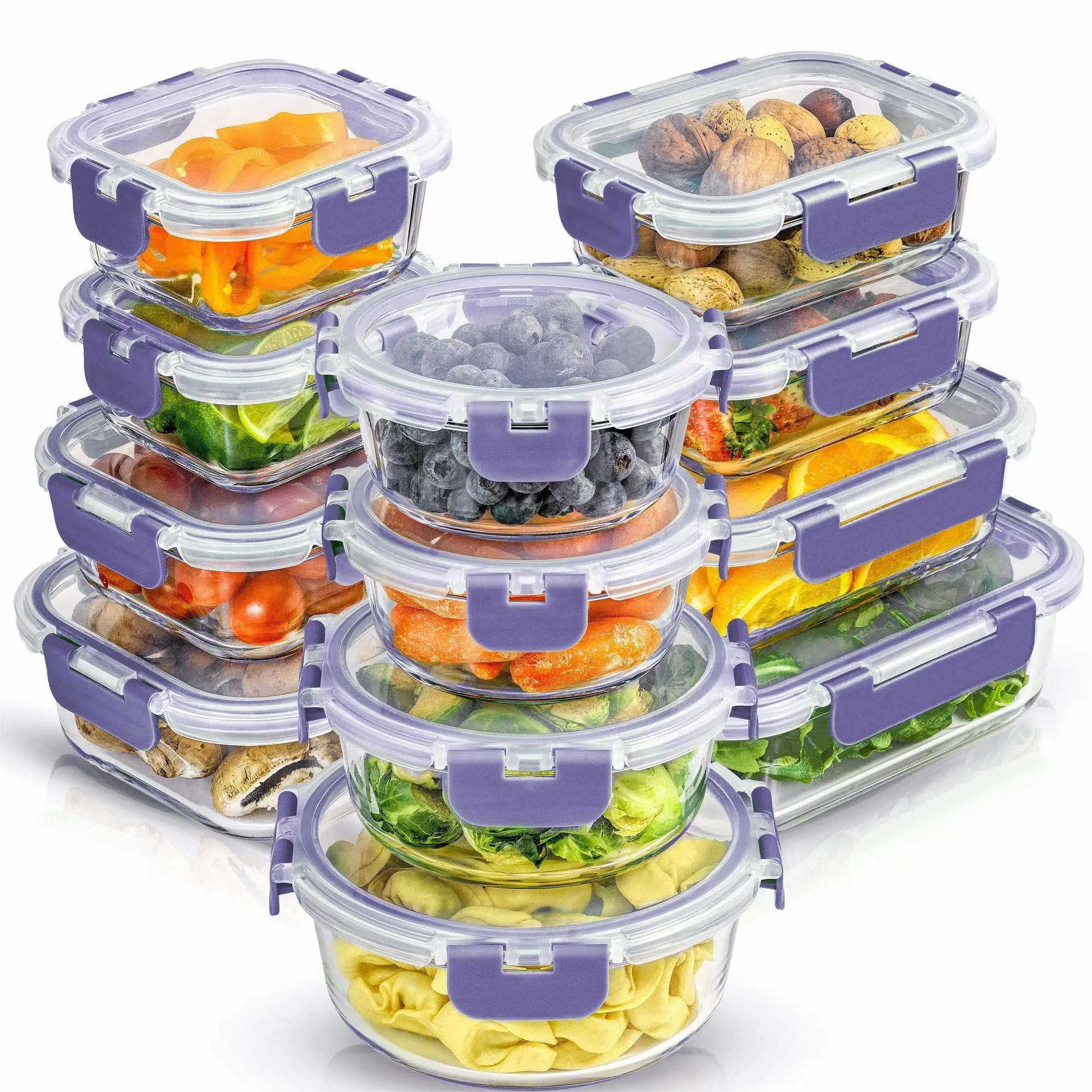 Hot Selling 24-Piece High Borosilicate Glass Food Storage Container Set PP Lid Rectangle Shape Europe Design Kitchen Lunch Use