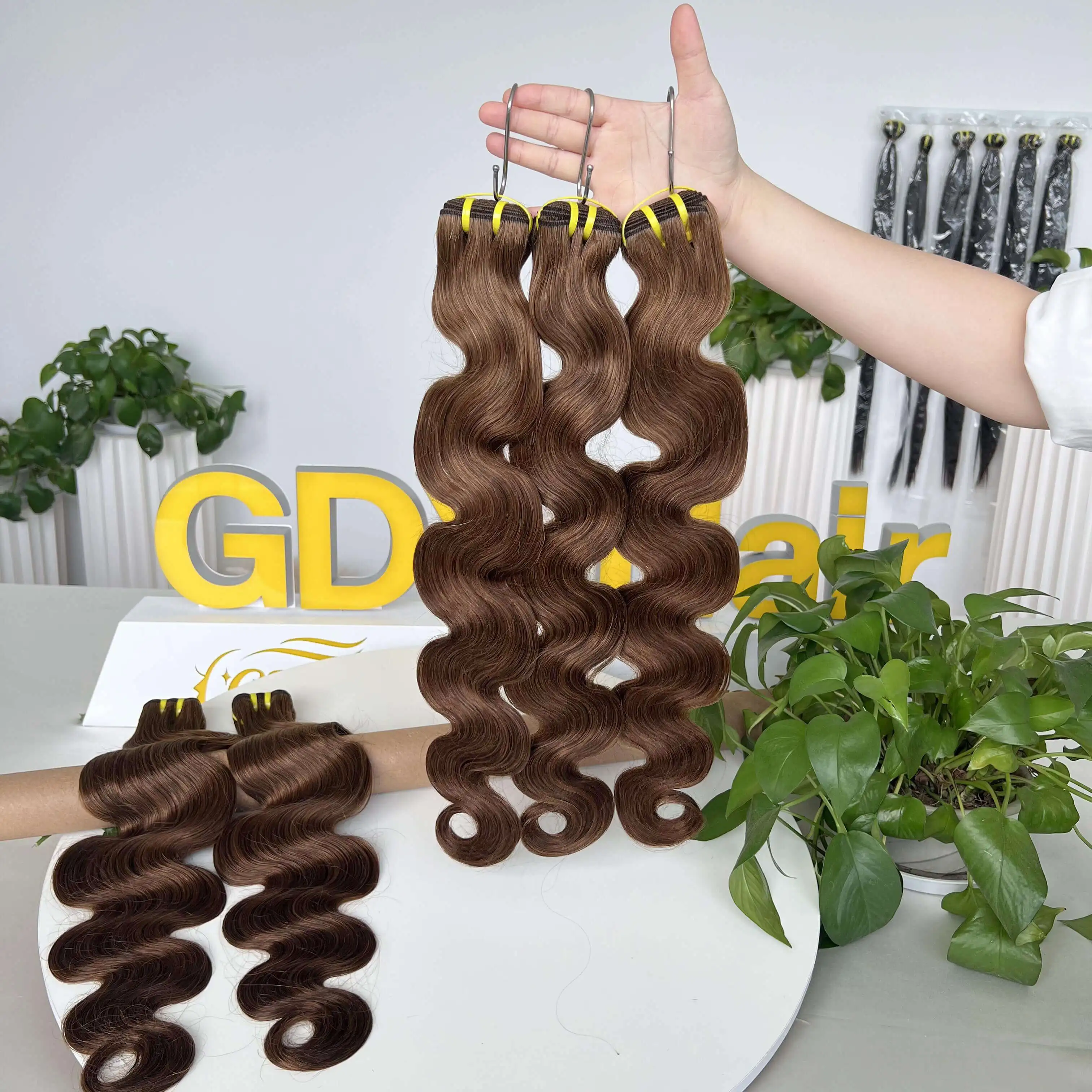 GDY Extensions Human Hair Weave Vendors Indian Wavy Hair #4 Chocolate Brown Bouncy Body Wave Bundles