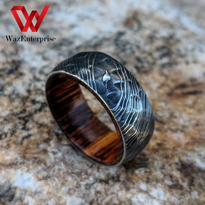 
Rings Custom Made Damascus Steel Ring Carbon Steel Ring Wood Inlay 