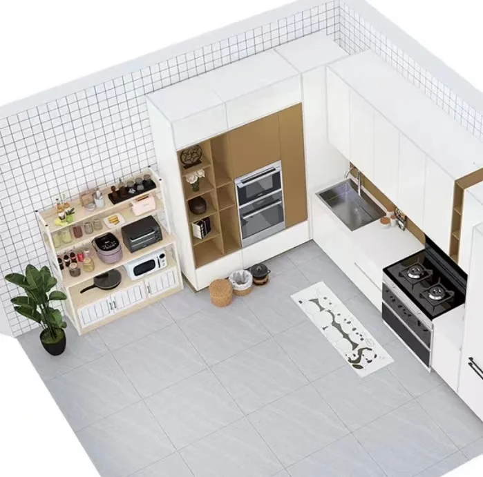 Home Furniture Kitchen Cabinet Wooden Open Shelf with Metal Frame Floor Standing Display Cabinet