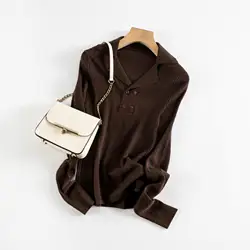 16-needle Basolan wool sweater polo collar sweater Japanese front shoulder 2022 early autumn new V-neck knitted sweater women