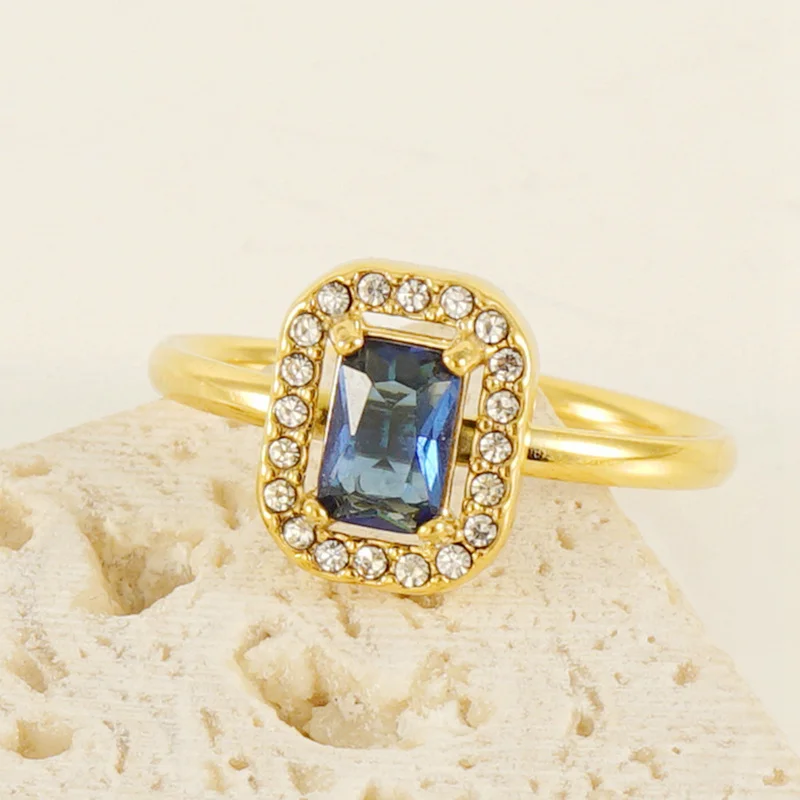 Stylish adjustable stainless steel rings stacking square citrine turquoise open ring 14k gold for girls