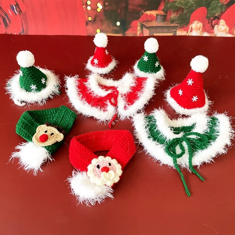 Factory Hot Selling Pet Christmas Collar Scarf Cat Dog Knitted Cloak Bib Wool Hat Christmas Cat Scarf