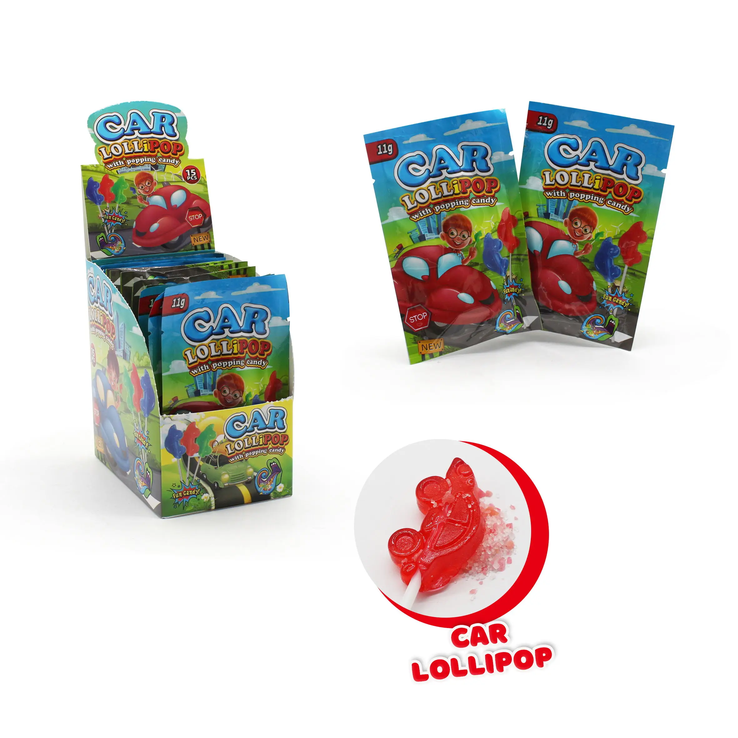 Beetle locomotive shaped lollipop with popping candy