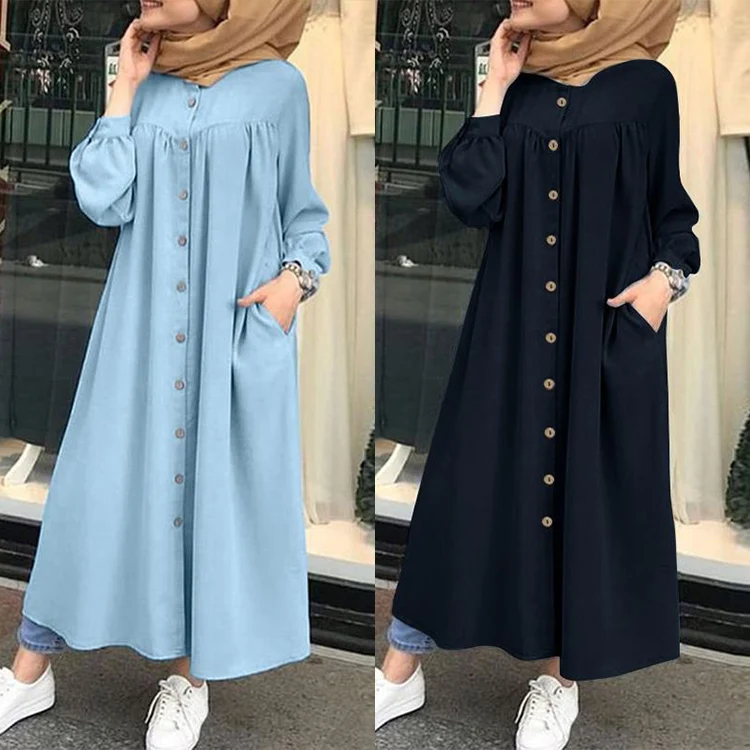 2021 Abaya Muslim Dresses Women Long Sleeve Casual Pocket Robe Bandage blouse Plus Size