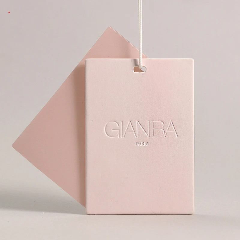800g thick garment coat pink kraft paper blind embossed logo tag with cotton string