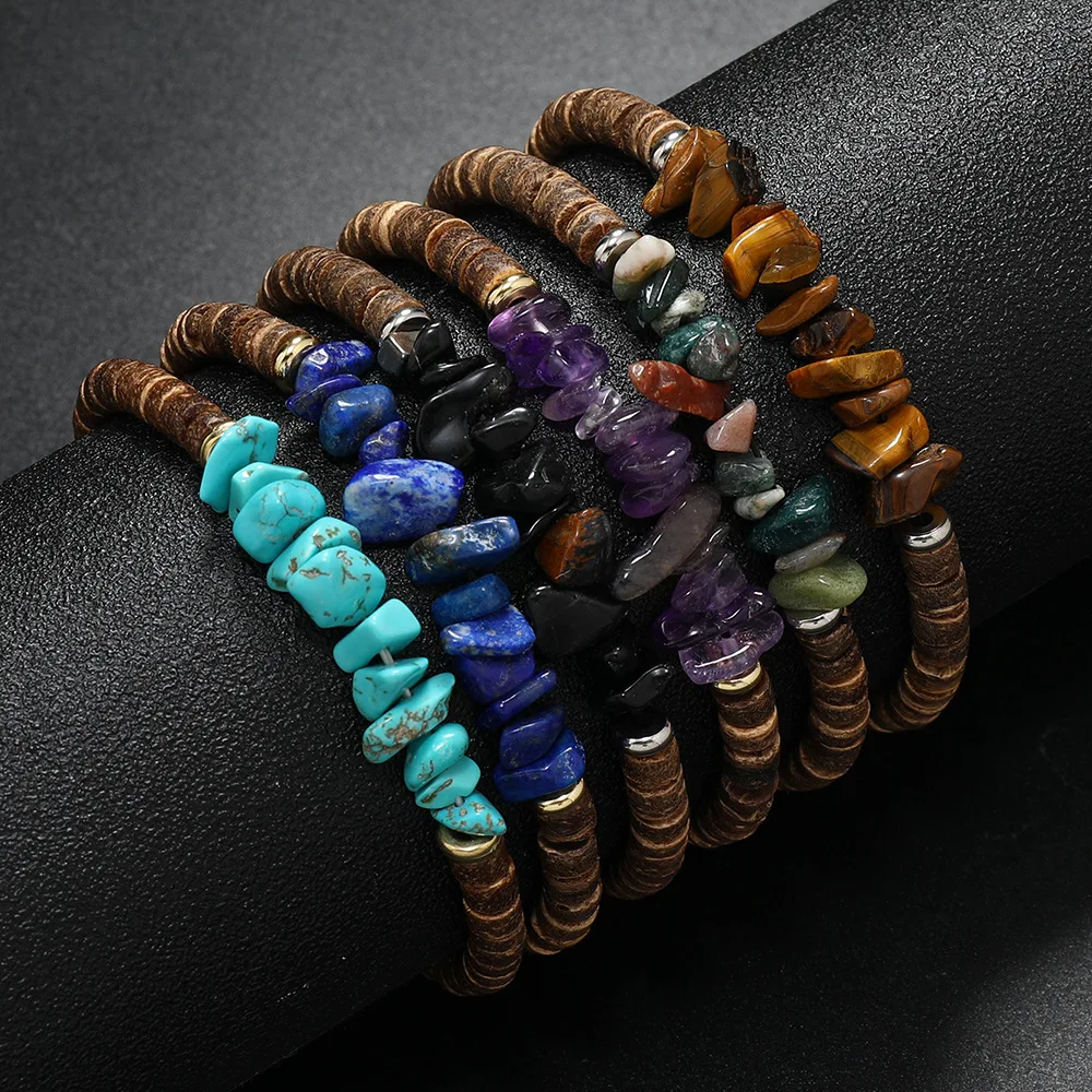 Men Women Vintage Nepal Coco Wood Elastic Bracelet Colorful Natural Marble Gravel Stone Cylinder Coco Disc Beaded Bracelets Gift