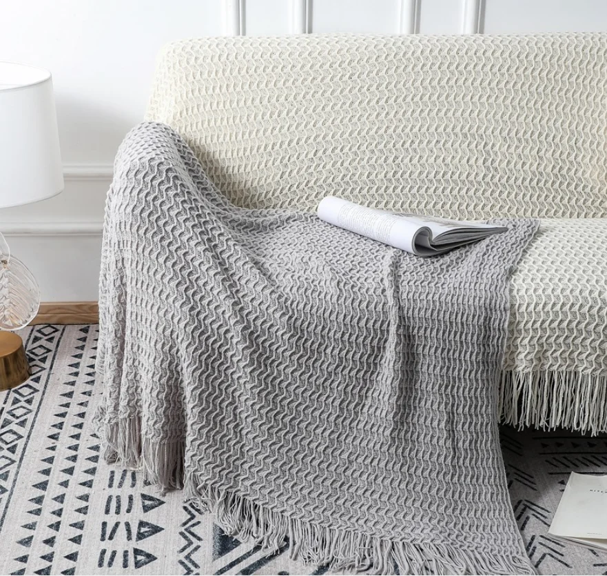 White 100%Cotton polyester Knitted sofa towel Throw sofa blanket Soft Cozy Woven for sofa