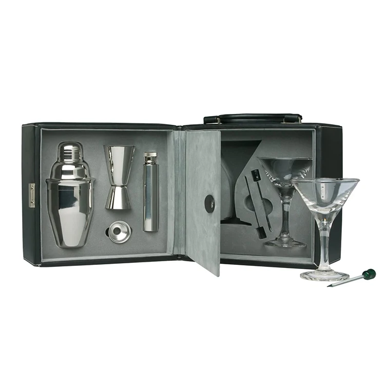 DX Travel Kit Two Martini Glasses Plus Hip Flask Set Cocktail Tool Stainless Steel Bartender Kit Set